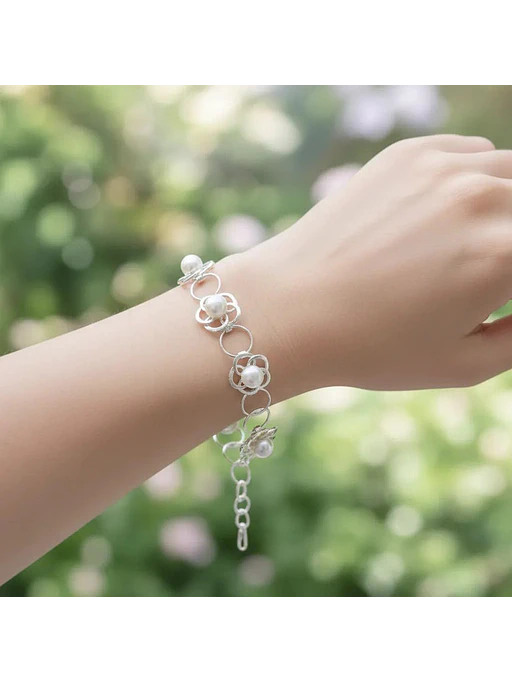 Pulsera De Flores Y Perlas De Plata Genuina Ley 925 2