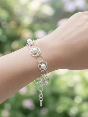 Pulsera De Flores Y Perlas De Plata Genuina Ley 925