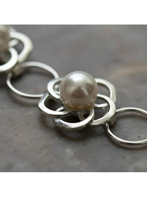 Pulsera De Flores Y Perlas De Plata Genuina Ley 925 3