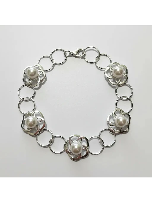 Pulsera De Flores Y Perlas De Plata Genuina Ley 925 4