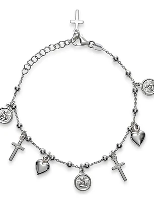 Pulsera De Plata Con Dijes De Ángel, Cruz Y Corazón