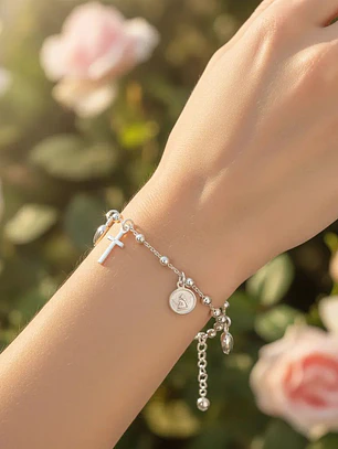 Pulsera De Plata Con Dijes De Ángel, Cruz Y Corazón