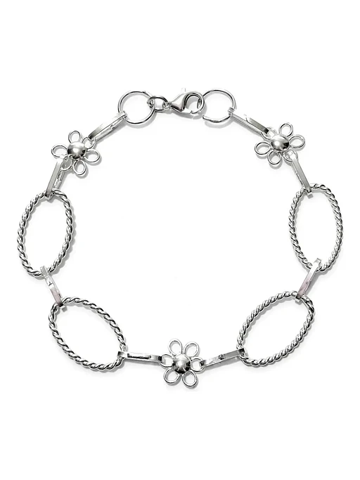 Pulsera Flores Y Eslabones Torcidos De Plata Genuina Ley 925 1