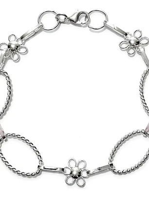 Pulsera Flores Y Eslabones Torcidos De Plata Genuina Ley 925