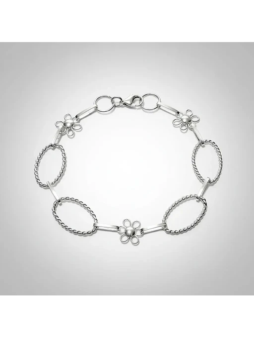 Pulsera Flores Y Eslabones Torcidos De Plata Genuina Ley 925 3