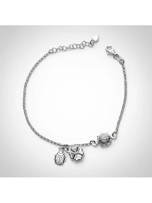Pulsera Con Dijes De Mariquita Y Trébol De La Suerte Plata 4