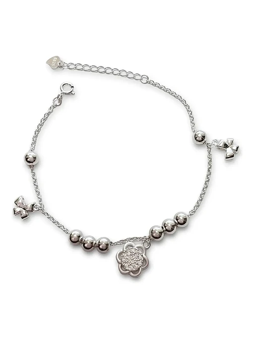 Pulsera Con Dijes Flor Y Lazos De Plata Genuina Ley 925 1