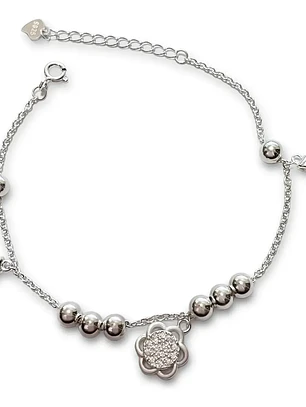 Pulsera Con Dijes Flor Y Lazos De Plata Genuina Ley 925