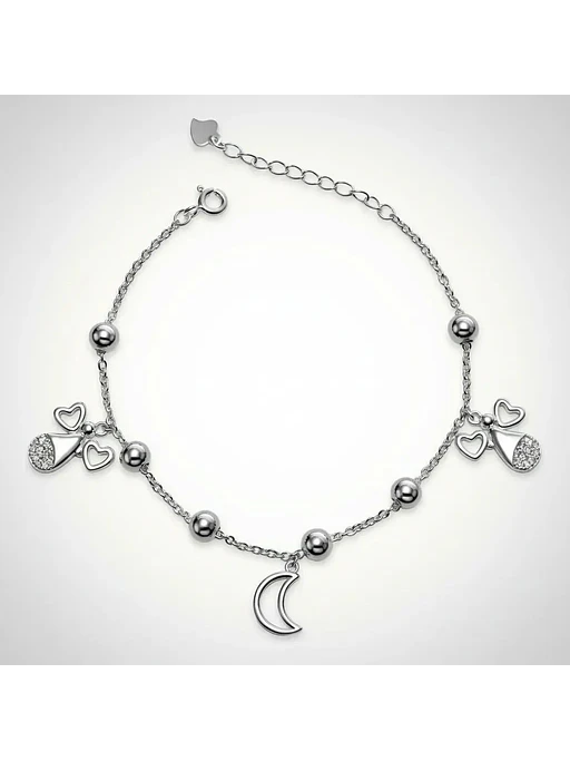 Pulsera Con Dijes Luna Y Angelitos De Plata Genuina Ley 925 3