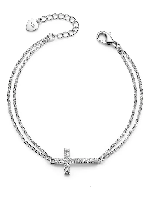 Pulsera Doble Cadena Con Cruz De Circones De Plata Genuina 1