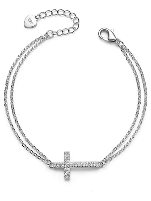Pulsera Doble Cadena Con Cruz De Circones De Plata Genuina