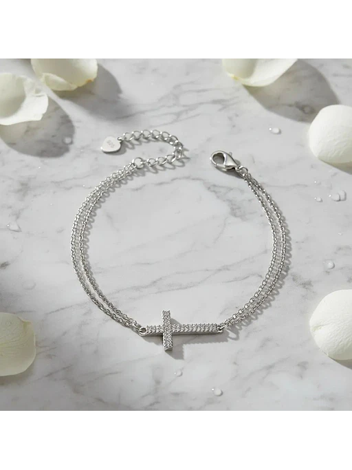 Pulsera Doble Cadena Con Cruz De Circones De Plata Genuina 2