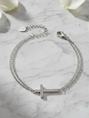 Pulsera Doble Cadena Con Cruz De Circones De Plata Genuina