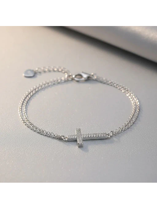 Pulsera Doble Cadena Con Cruz De Circones De Plata Genuina 3