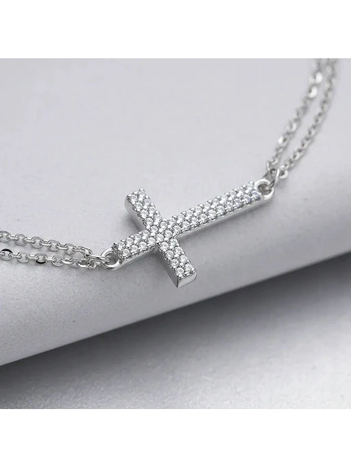 Pulsera Doble Cadena Con Cruz De Circones De Plata Genuina 4