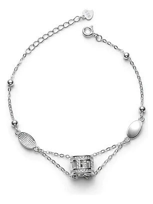Pulsera Doble Cadena Con Dije Barril Y Circones De Plata