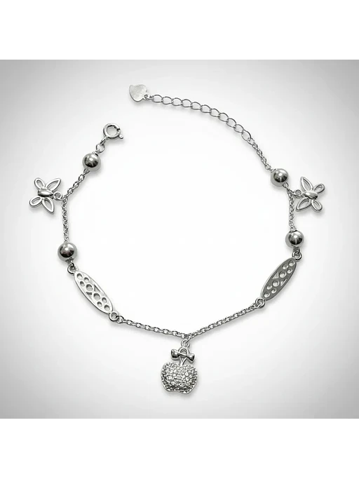 Pulsera Manzana Y Mariposas De Plata Genuina Ley 925 3