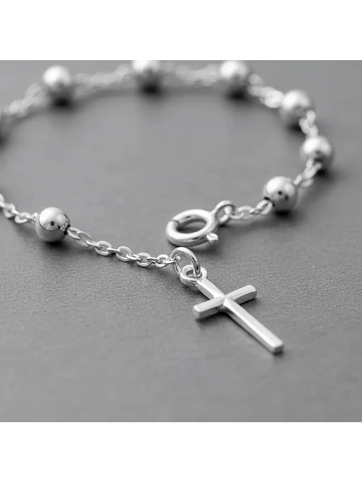 Pulsera Denario Con Bolitas Y Dije Cruz De Plata Genuina 925 3