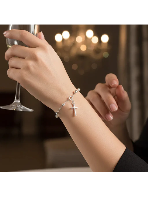 Pulsera Denario Con Bolitas Y Dije Cruz De Plata Genuina 925 4