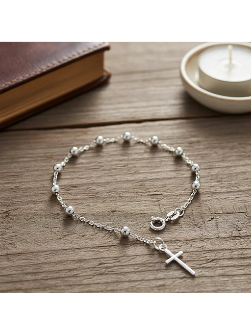Pulsera Denario Con Bolitas Y Dije Cruz De Plata Genuina 925 5