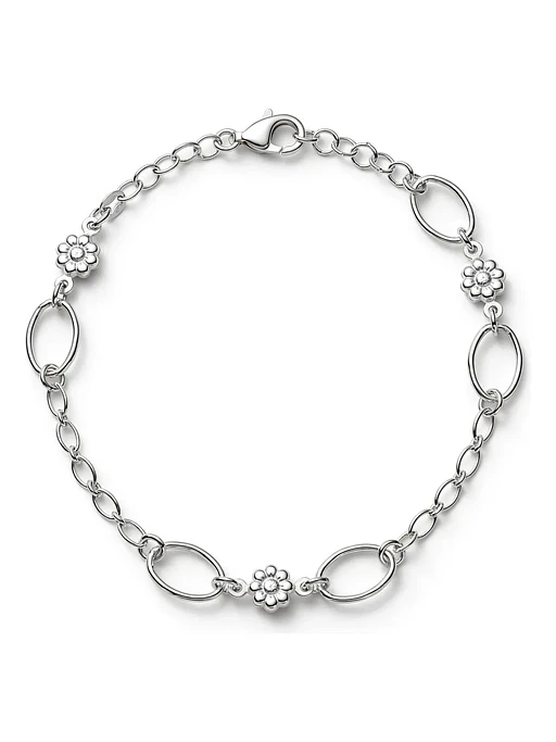 Pulsera Con Eslabones Y Flores De Plata Genuina Ley 925 1