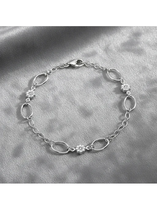 Pulsera Con Eslabones Y Flores De Plata Genuina Ley 925 2