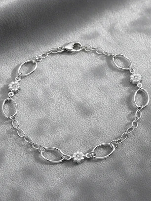 Pulsera Con Eslabones Y Flores De Plata Genuina Ley 925