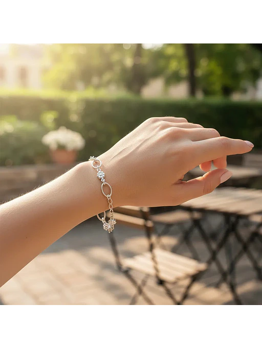 Pulsera Con Eslabones Y Flores De Plata Genuina Ley 925 4