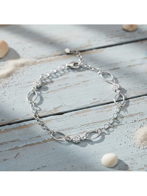 Pulsera Con Eslabones Y Flores De Plata Genuina Ley 925 5