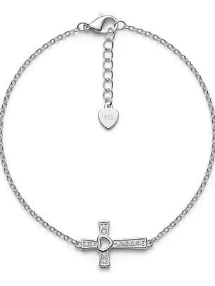 Pulsera Cruz Con Corazón Y Circones De Plata Genuina Ley 925