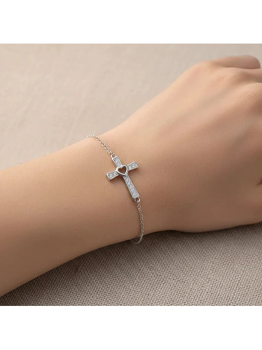 Pulsera Cruz Con Corazón Y Circones De Plata Genuina Ley 925 2