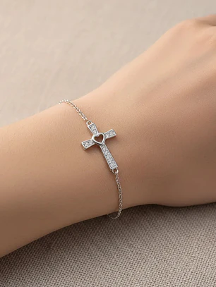 Pulsera Cruz Con Corazón Y Circones De Plata Genuina Ley 925