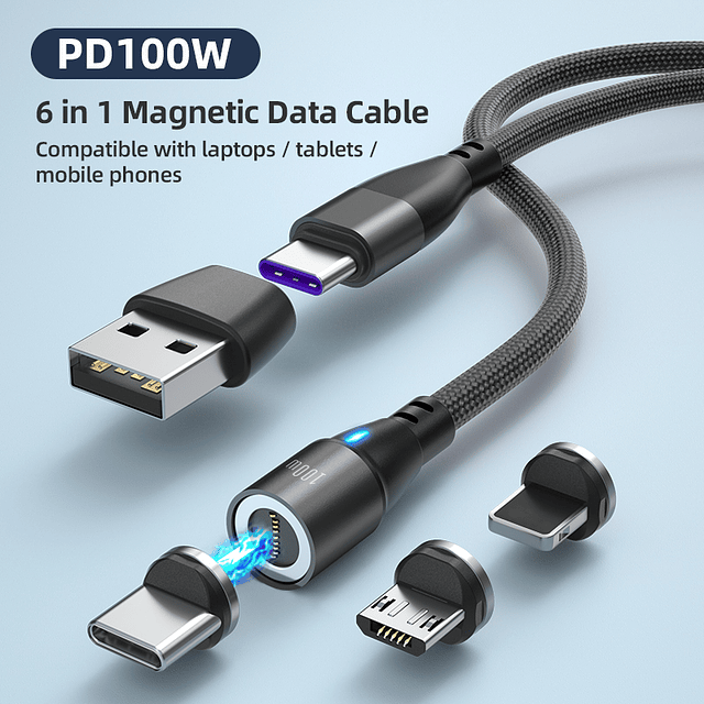 Cable Cargador Magnético 100w Greenport 6 En 1 / 2 Metro 360