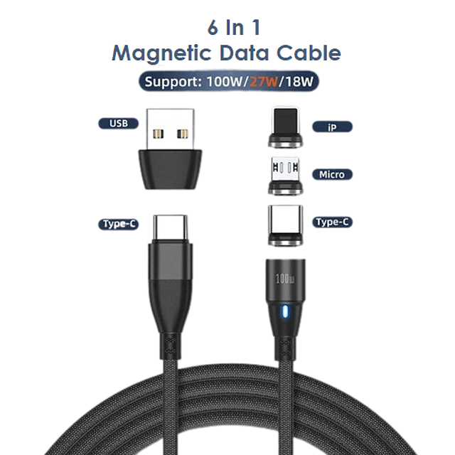 Cable Cargador Magnético 100w Greenport 6 En 1 / 2 Metro 360