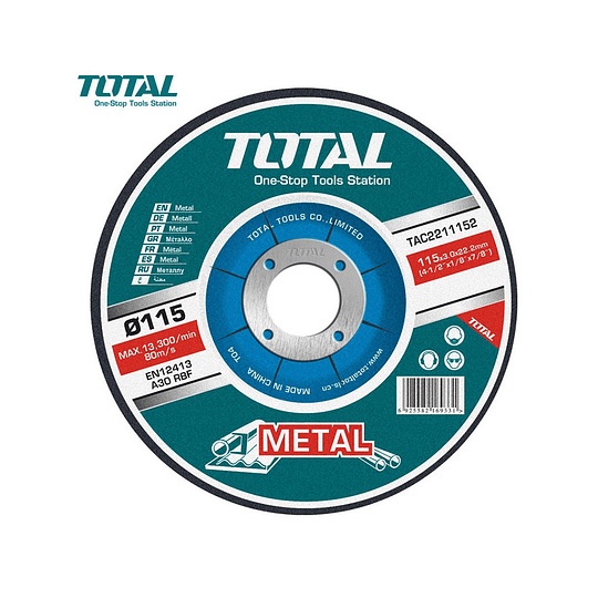 DISCO DE DESBASTE METAL 4½ (115X6.9X22.2 MM) TOTAL TOOLS TAC2231151