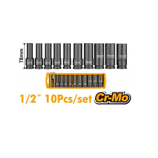 SET 10PCS DADOS LARGOS  DE IMPACTO 1/2 INGCO HKISSD12102L