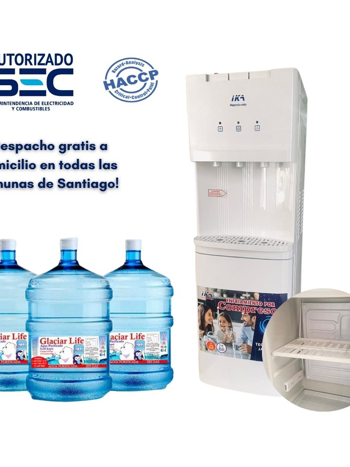 DISPENSADOR PEDESTAL CON FRIGOBAR Y 3 BOTELLONES DE AGUA  1