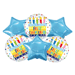 Set 6 Globos Feliz Cumpleaños Torta y Estrellas Celeste 1 Uni