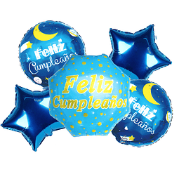 Set 5 Globos Feliz Cumpleaños Hex Estrella Redondo Azul 1 Uni