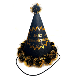 Gorro Pompón Feliz Cumpleaños Neg/Dor 1Uni