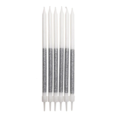 Velas 12,5cm Blanco/Plateado/Glitter con Posavelas 6 Uni