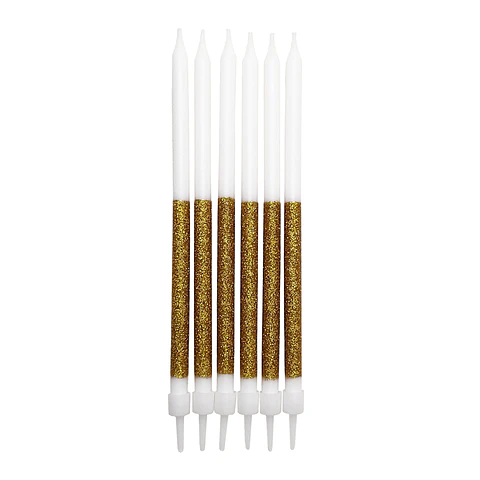 Velas 12,5cm Blanco/Dorado/Glitter con Posavelas 6 Uni