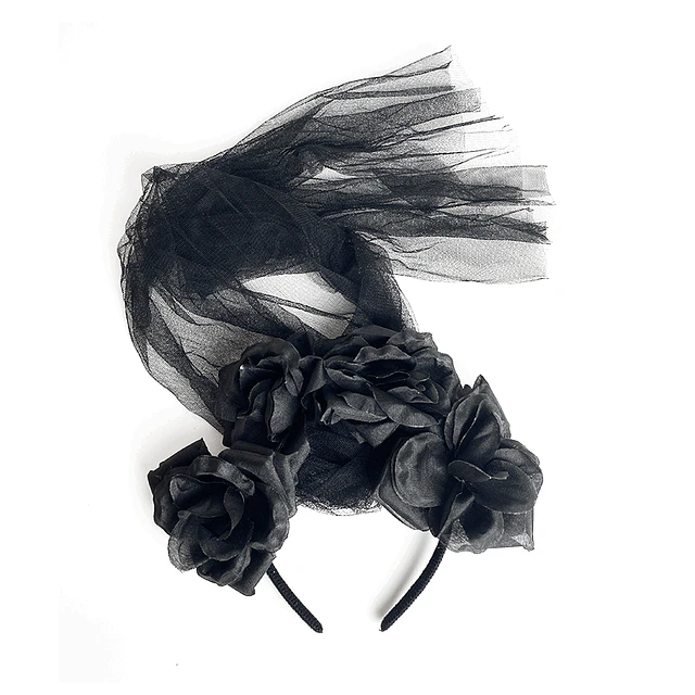 Cintillo Flores Negras Velo Negro 1 Uni