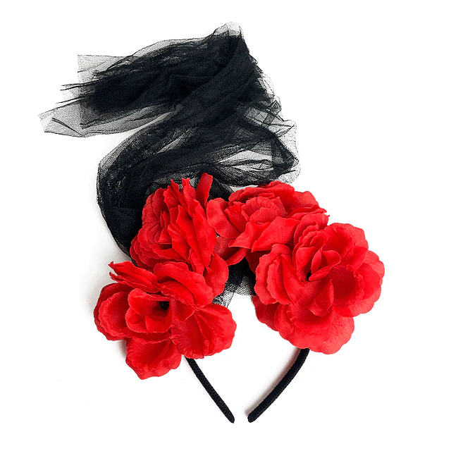 Cintillo Flores Rojas Velo Negro 1 Uni