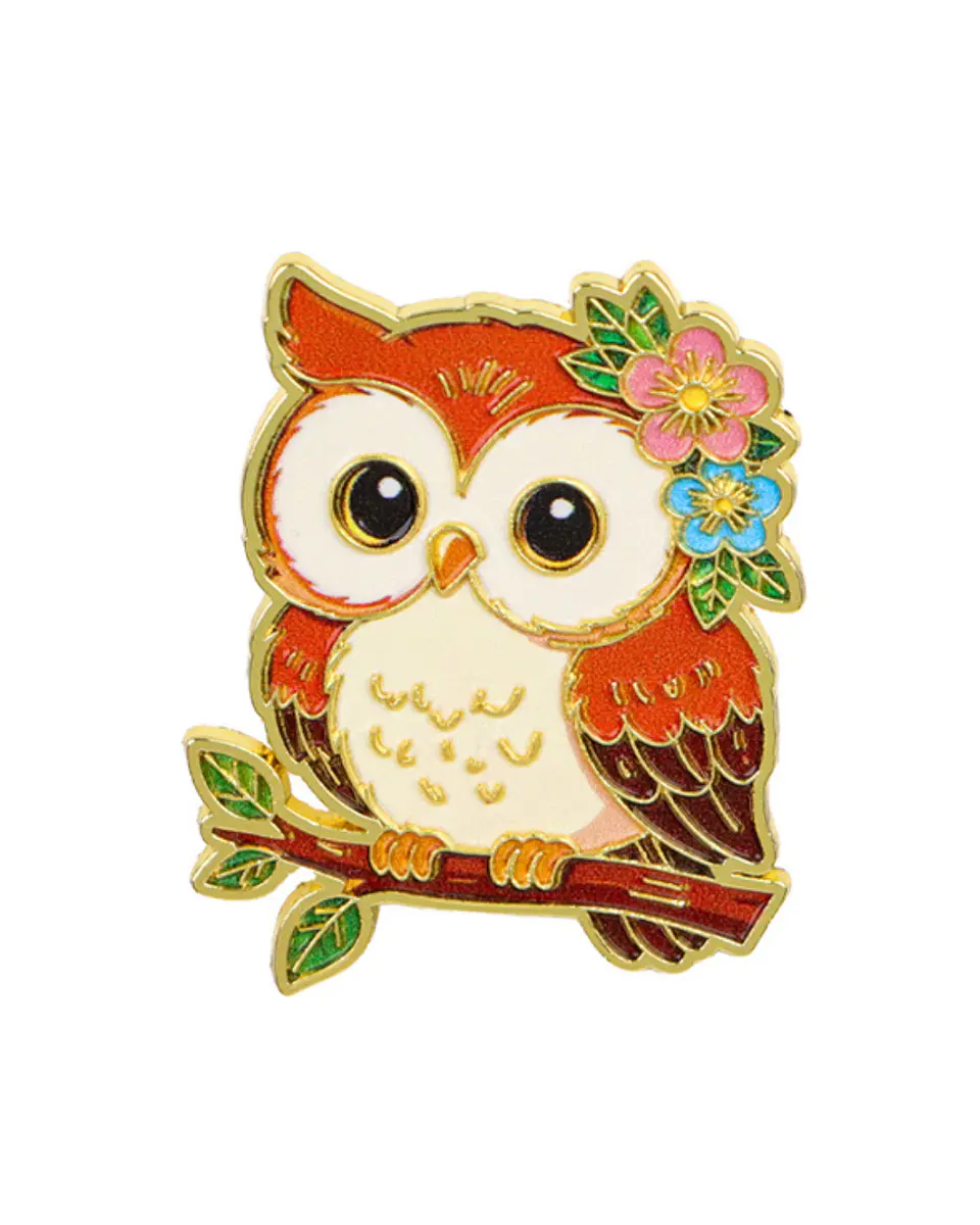 Pin Metálico Búho café kawaii flores 1