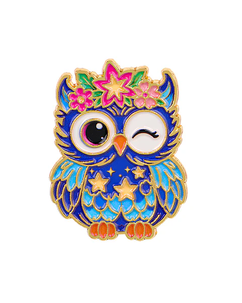 Pin Metálico Búho azul kawaii flores