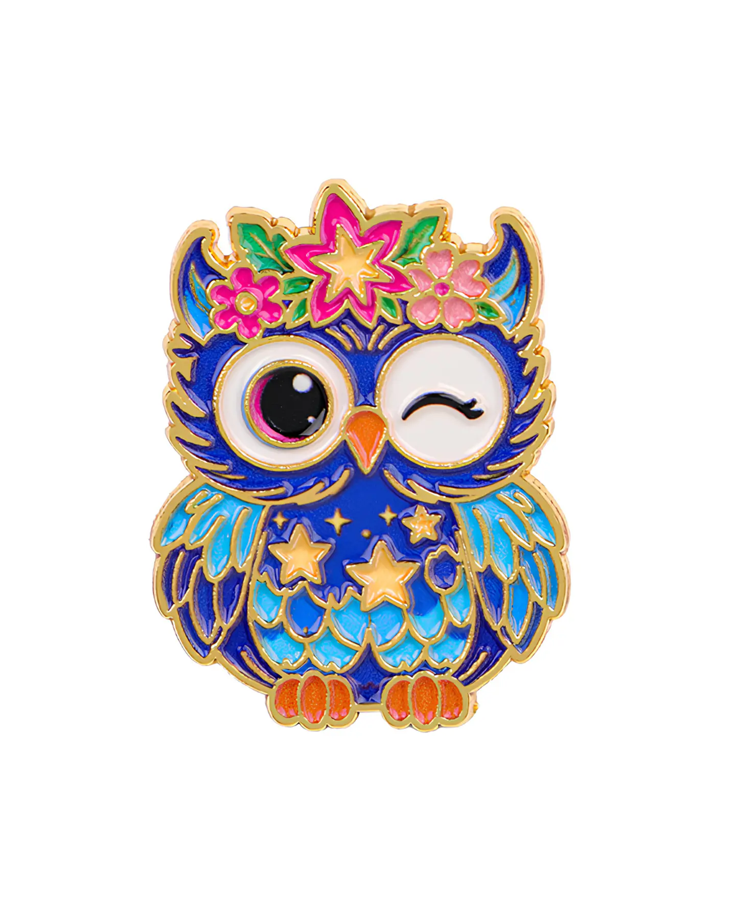 Pin Metálico Búho azul kawaii flores 1