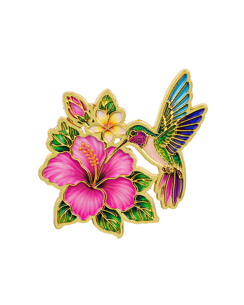Pin Metálico Colibrí kawaii flores hibisco rosa