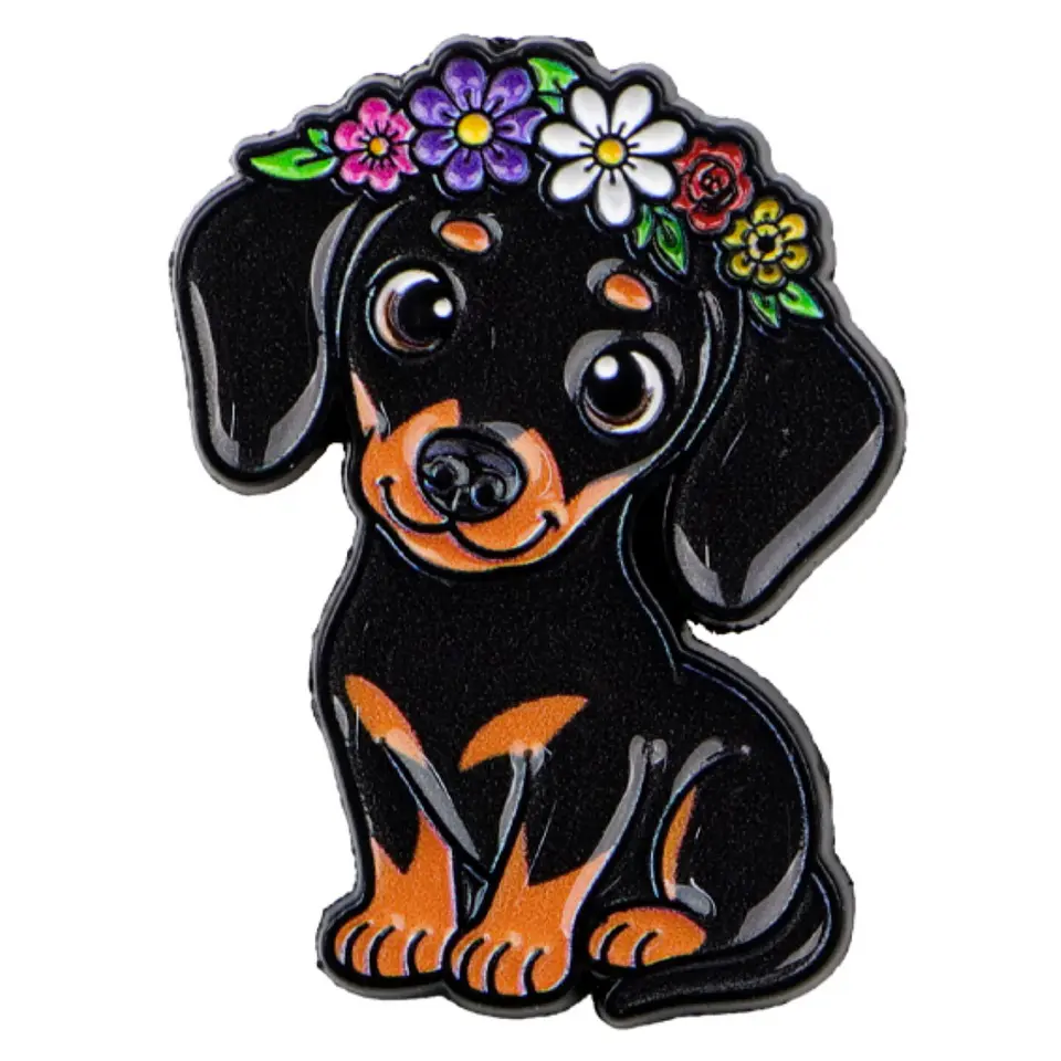Pin Esmaltado Perro Salchicha Dachshund corona flores  1
