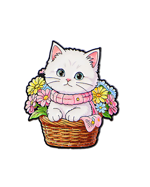 Pin Metálico Gatito blanca en cesto de flores